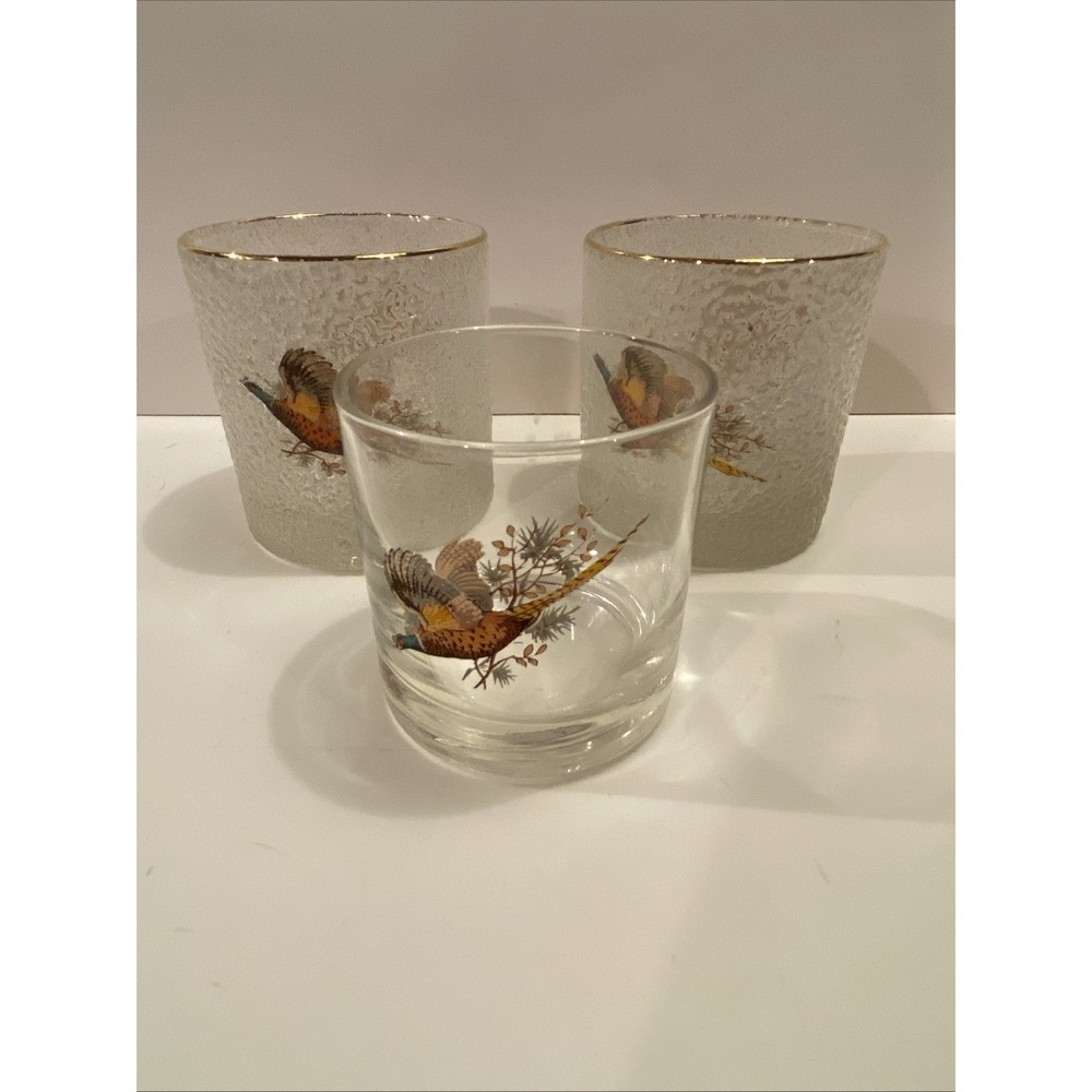 Vtg Glass 3 tumbler Low Ball Set Pheasant Design Two W/ Gold Rimmed & I With out